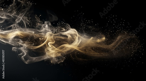 Silver flow particles and smoke with golden glitter, sparkling reflections and light dust splashes.