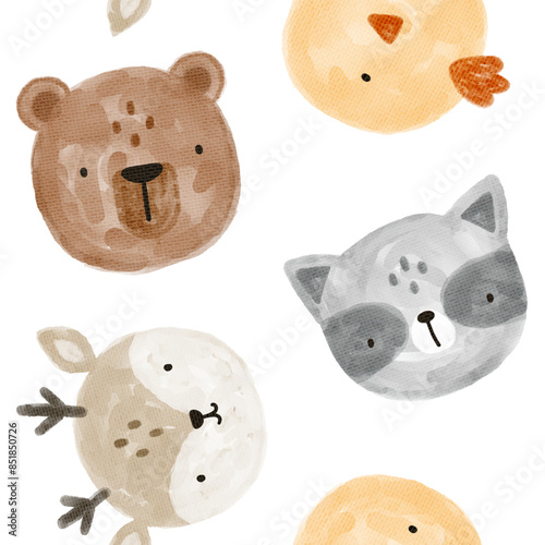 scandinavian woodland watercolor animals seamless pattern with brown teddy bear, yellow chicken, grey raccoon, beige deer. Hand drawn kids fabric and textile design