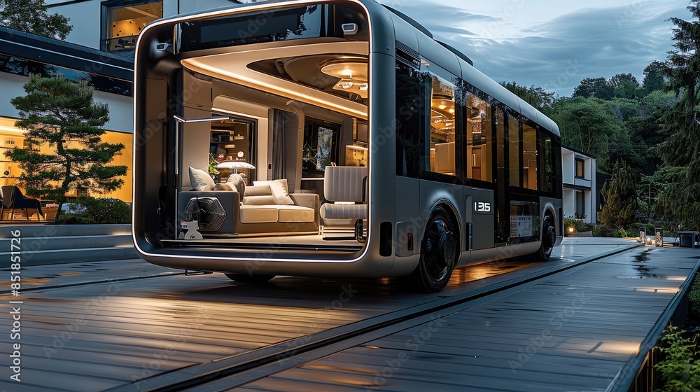 Fototapeta premium Car, AI, Self-Driving, Home-like big truck, a further big truck, open car, residential space. Generative AI.