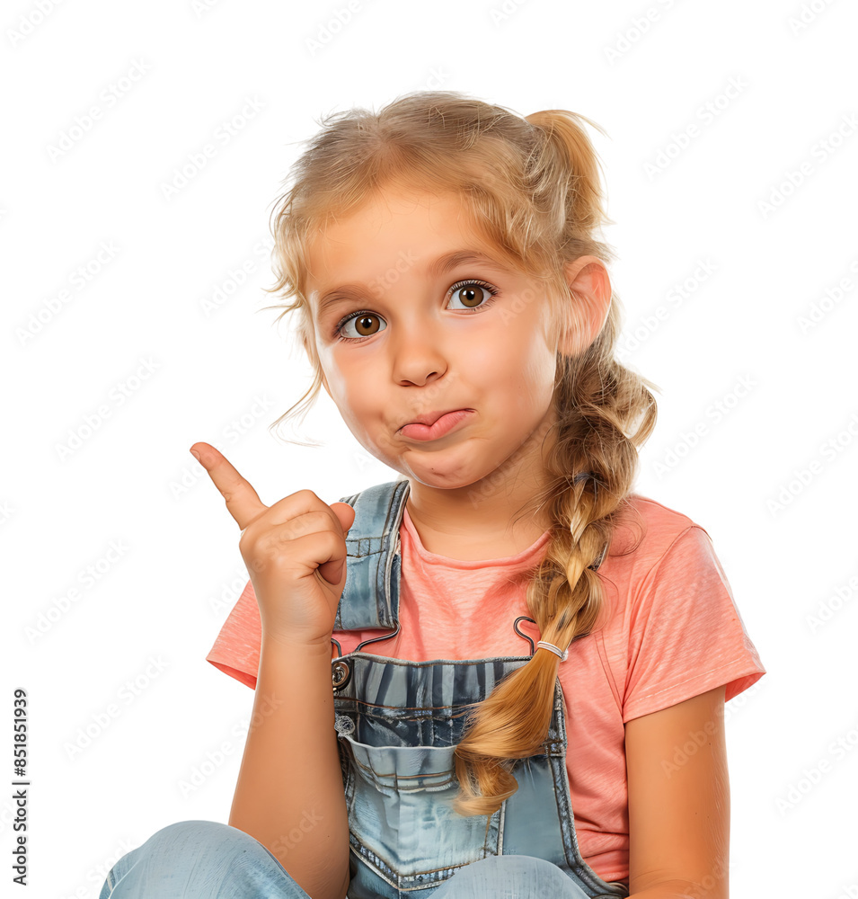 Girl raises finger up Attention please on isolated transparent background Girl raises finger up Attention please on isolated transparent background