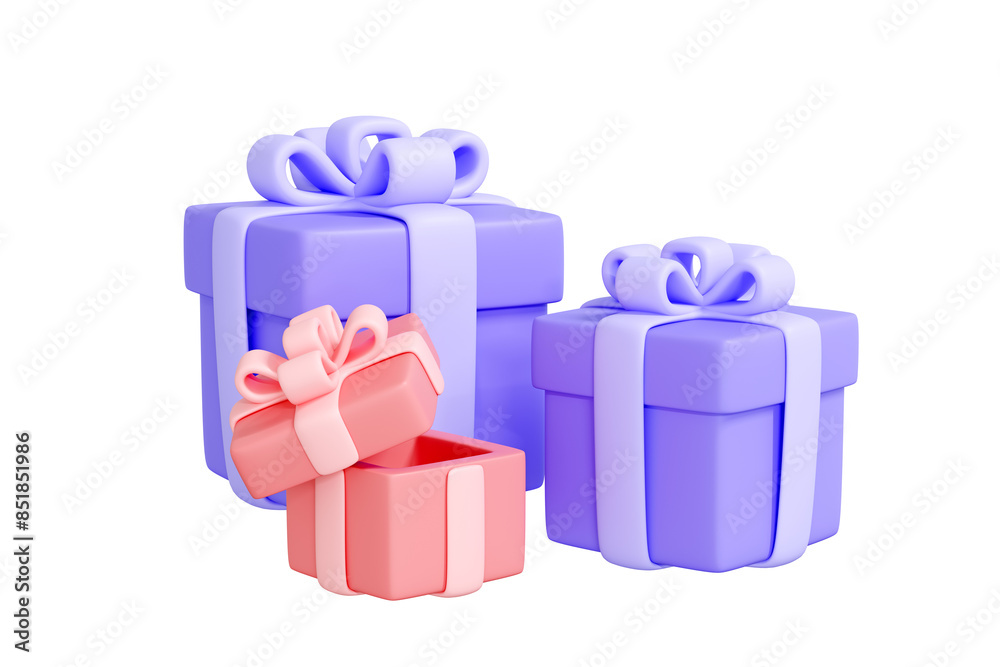 Naklejka premium Three gift boxes, two purple and one pink, are displayed on a white background. Creative cartoon design icon. 3D render illustration