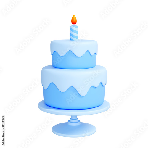 Blue two-tier birthday cake with white frosting and a single lit candle on top isolated on white background. Creative cartoon design icon. 3D render illustration