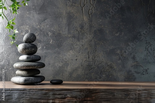 A stack of spa stones is neatly placed on a wooden table against on a grey background. Copy space