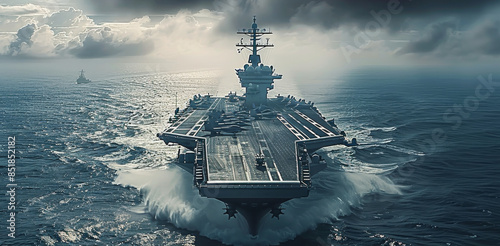 Aircraft carriers sailing in the sea, futuristic. Generative AI.