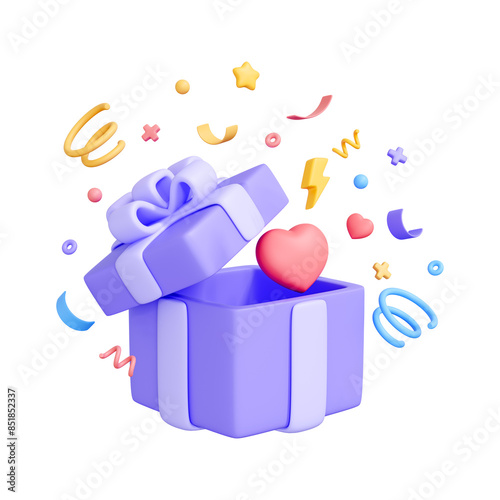 Purple gift box with a white ribbon, open to reveal a pink heart, surrounded by colorful confetti isolated on white background. Creative cartoon design icon. 3D render illustration