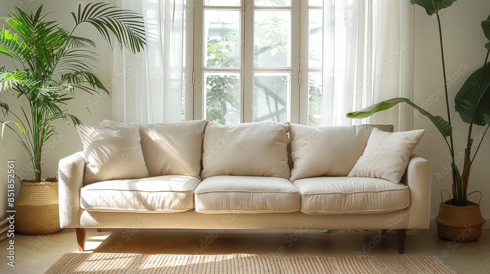 Fototapeta premium Beige sofa in white room, window, plant. Generative AI.