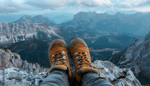 persons feet with hiking boots resting at a mountain top