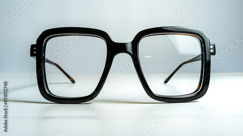Bold black square glasses lying flat against a clean white surface.