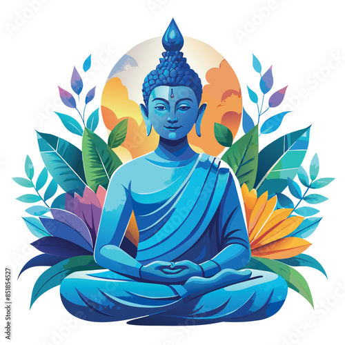 A blue Buddha statue is sitting in a garden with flowers and leaves surrounding it. Concept of peace and tranquility, as the Buddha is depicted in a serene and meditative pose