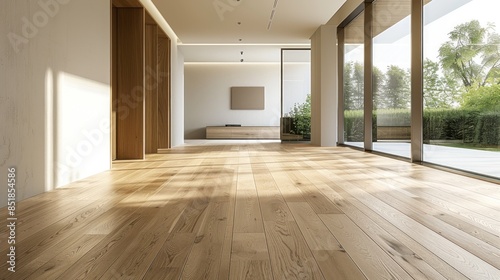 An empty wooden floor in a modern bright interior setting, characterized by its spaciousness and natural light. The room's minimalistic design and large windows allow the beauty of the wood to take photo