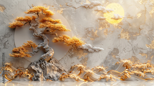 Volumetric stucco molding on a concrete wall with golden elements, Japanese landscape, waterfall, mountains.