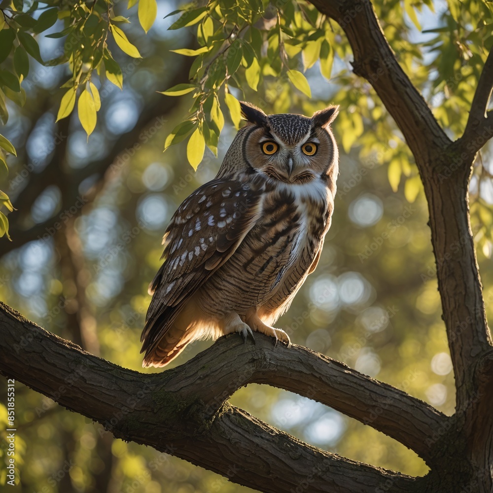 Majestic Owl Perched on Willow Tree at Sunset Majestic Owl Perched on Willow Tree at Sunset