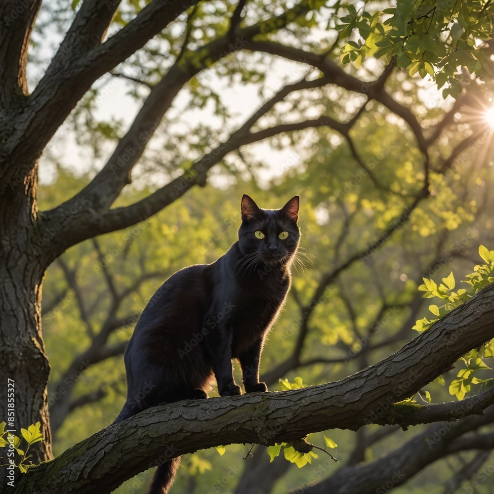 Graceful Black Cat Perched on Ancient Oak Tree at Twilight Graceful Black Cat Perched on Ancient Oak Tree at Twilight