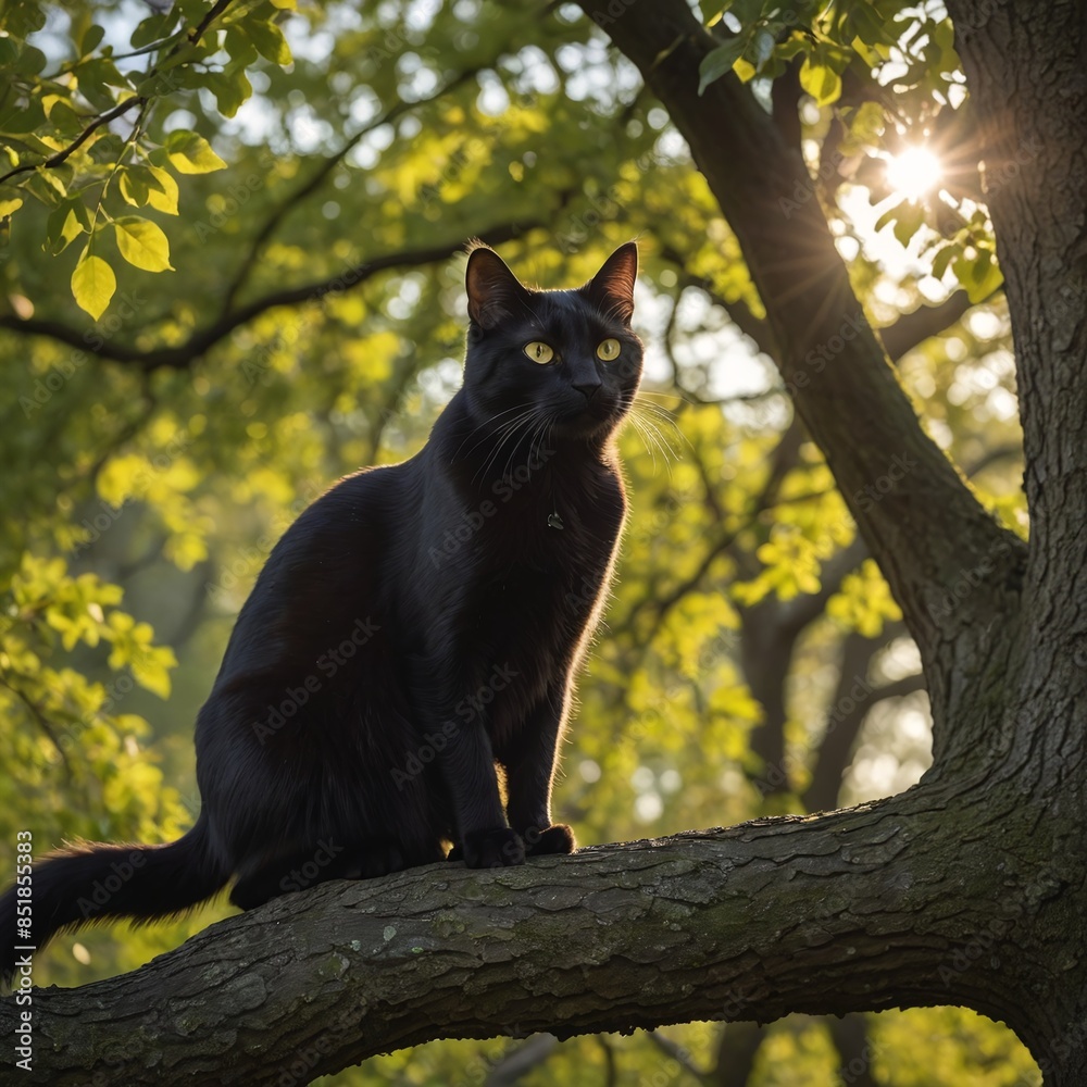 Obraz premium Graceful Black Cat Perched on Ancient Oak Tree at Twilight