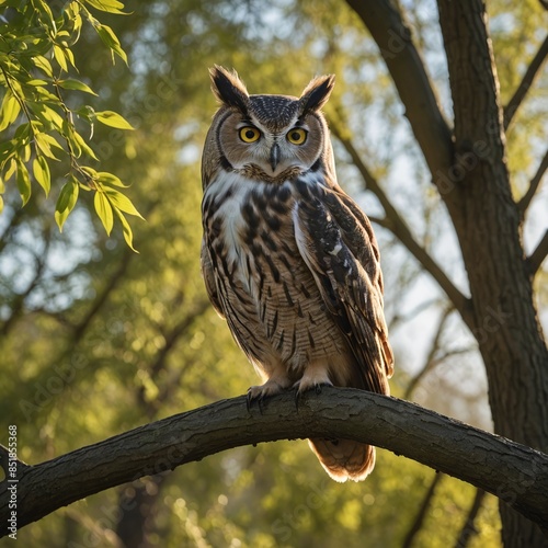 Majestic Owl Perched on Willow Tree at Sunset