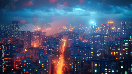 Far away colorful city night view. Generative AI. © visoot