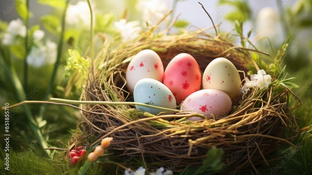 Obraz premium Nest with easter eggs in grass on a sunny spring day
