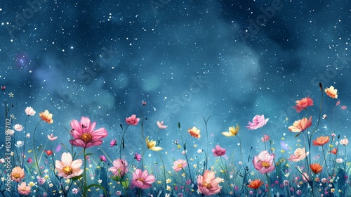 Flowers sky grass stars flat design top view galaxy garden theme water color Splitcomplementary color scheme