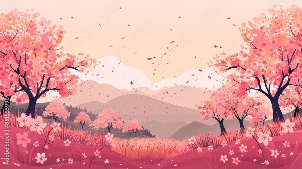Pink flat design side view spring blossom theme cartoon drawing Tetradic color scheme Pink flat design side view spring blossom theme cartoon drawing Tetradic color scheme