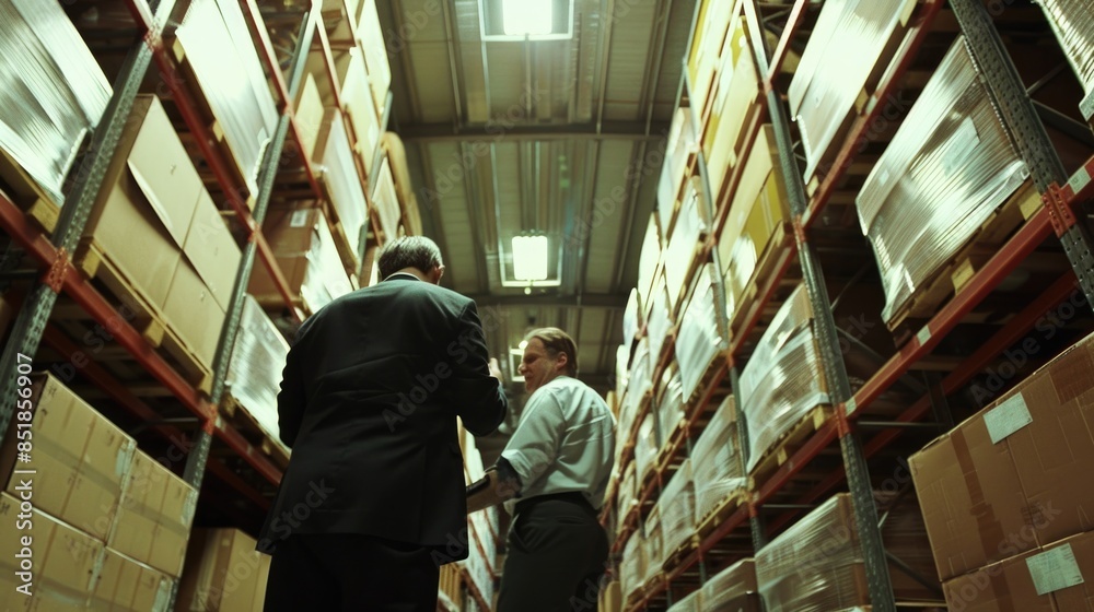 Two men inspecting boxes in a warehouse setting Two men inspecting boxes in a warehouse setting