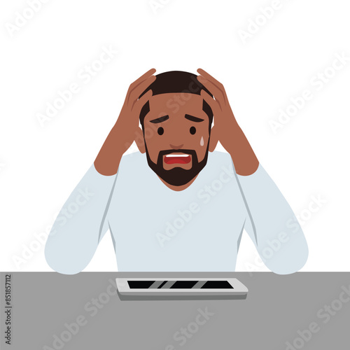 Young man Scared talk on cellphone feel anxiety with communication. Flat vector illustration isolated on white background
