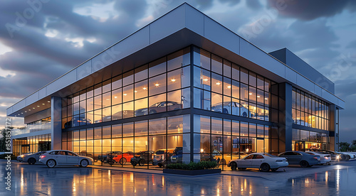 A modern car showroom exterior with cars parked in front. The building has large glass windows and doors, creating an open feeling. It is illuminated with LED lighting on the walls. Generative AI.