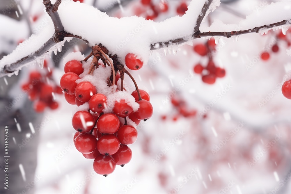 A branch with vibrant red berries heavily frosted with a thick layer of snow creating a festive scene A branch with vibrant red berries heavily frosted with a thick layer of snow creating a festive scene