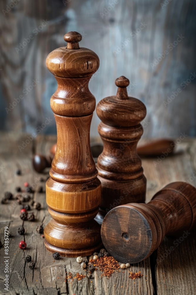Two small pepper grinds sit on a wooden table Two small pepper grinds sit on a wooden table