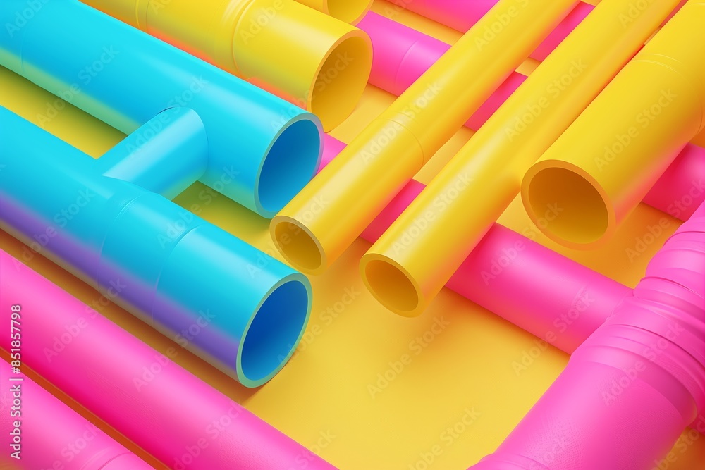 Vibrant colored pipes on yellow background