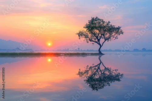 A single tree stands alone on the lake's shore, its reflection mirrored in the calm water