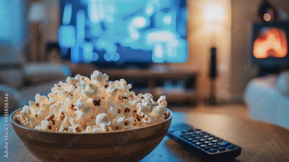 Close-up of a bowl of popcorn and a remote control on a table in a cozy living room, with a TV in the background, perfect for movie night. Close-up of a bowl of popcorn and a remote control on a table in a cozy living room, with a TV in the background, perfect for movie night.