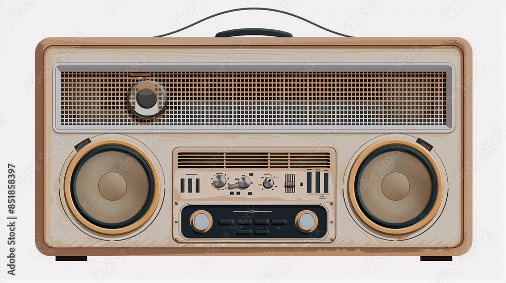 Fototapeta premium Front view of a vintage radio with retro design elements, featuring large speakers and multiple control knobs.