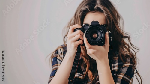 Close-up of a young woman holding a camera and taking a photo, focusing on the lens, capturing a moment in time. © Kamarizal Kamarludin
