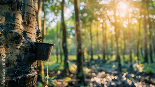 Close-up of a rubber tree being tapped for latex with a black collection cup, set in a sunlit forest.