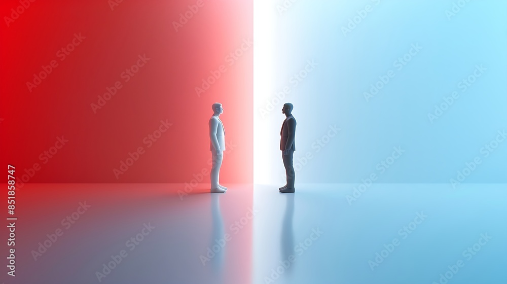 Miniature figures facing each other, split by red and white color contrast, duality and decision-making concept Miniature figures facing each other, split by red and white color contrast, duality and decision-making concept