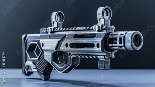 Additive manufacturing, printed firearms, front view, depicting hightech weaponry, advanced tone, Monochromatic Color Scheme