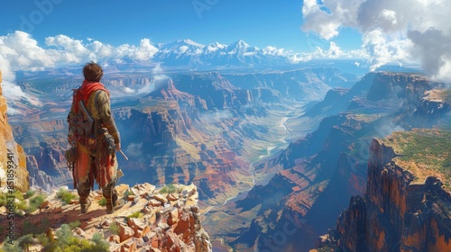 A panoramic view from a cliff edge overlooking a vast canyon, where a lone figure stands, gazing at the expansive landscape below. The rugged terrain offers endless hiking trails and rock climbing photo