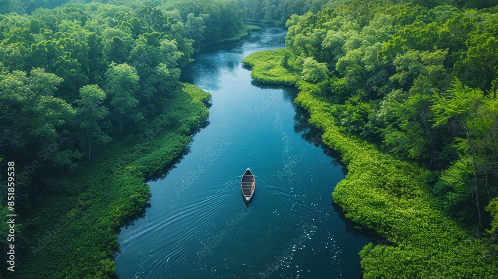 Fototapeta premium An expansive view of a tranquil river winding through a dense forest, with a canoe peacefully drifting along the calm waters. The lush greenery reflects in the river, creating a picturesque scene