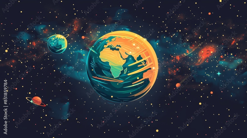 Fototapeta premium Rocket green Earth flat design front view ecofriendly technology theme cartoon drawing Triadic Color Scheme