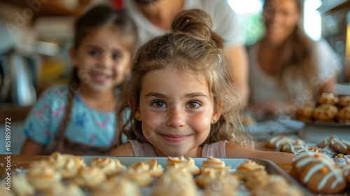 A kitchen filled with the aroma of freshly baked cookies. A young girl enthusiastically decorates cookies with colorful icing, while her older brother and father playfully sneak bites of cookie