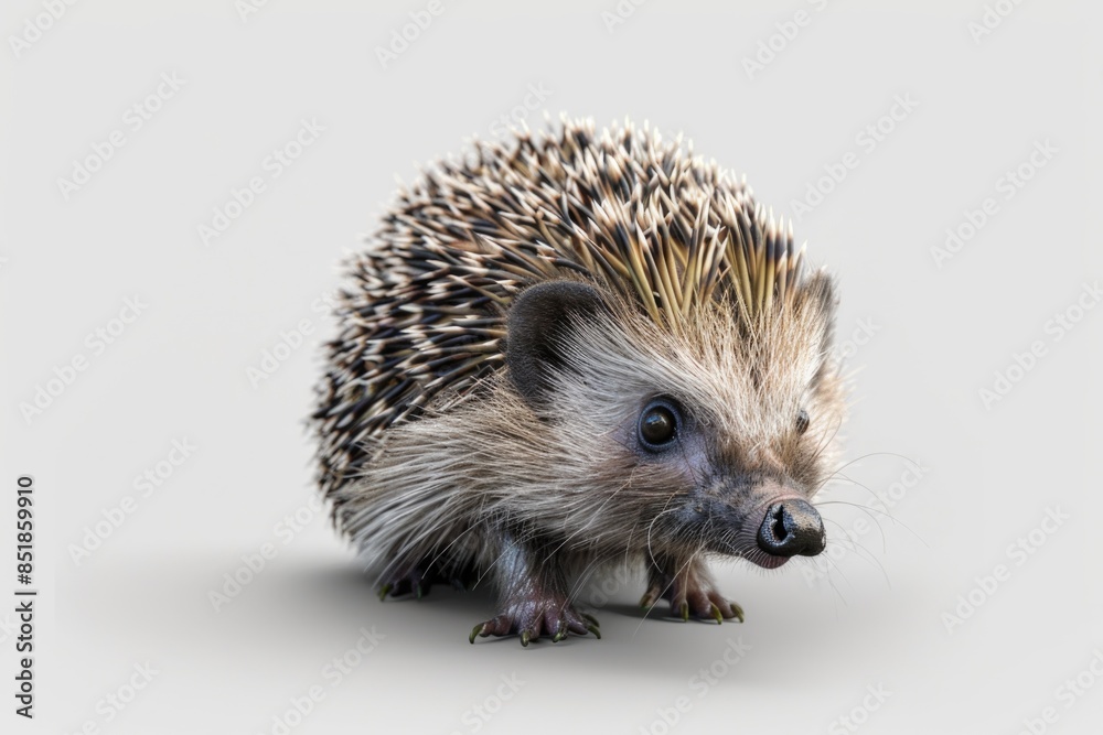 Fototapeta premium A small hedgehog stands on a white background, isolated