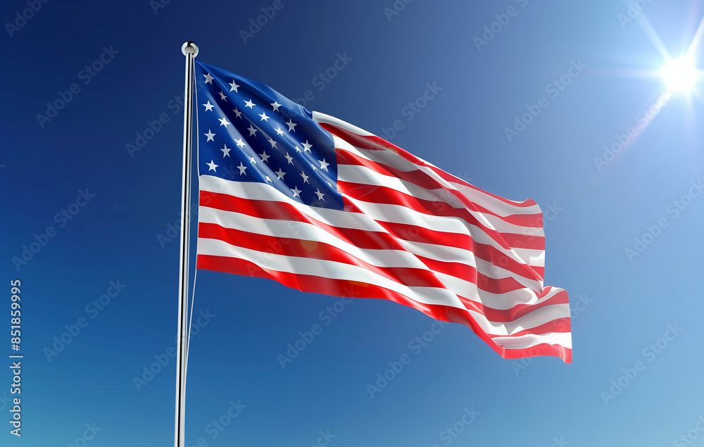 Fototapeta premium American flag waving in the wind on blue sky background, 