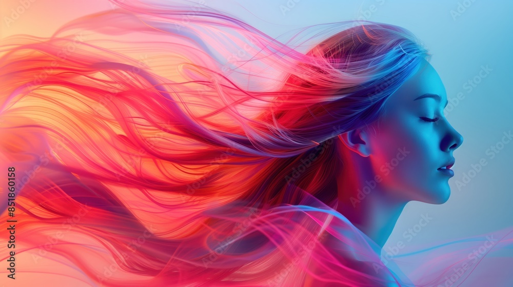 Vibrant surreal image of a woman with flowing colorful hair, blending hues of blue, pink, and red in a dreamlike aura. Vibrant surreal image of a woman with flowing colorful hair, blending hues of blue, pink, and red in a dreamlike aura.