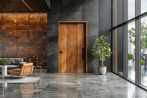 Modern office interior with a wooden door and glass walls, providing a panoramic view of the workspace. Black wall panels used for decoration. Closeup shot. 