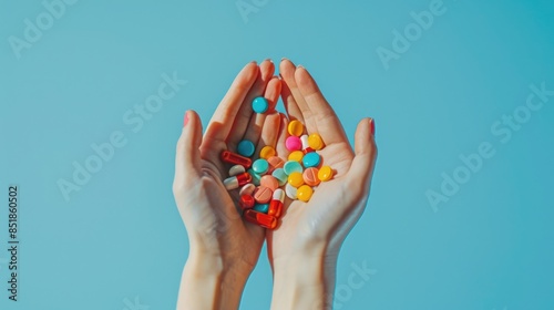 A person holds a handful of pills in their hands, possibly for medication or personal use