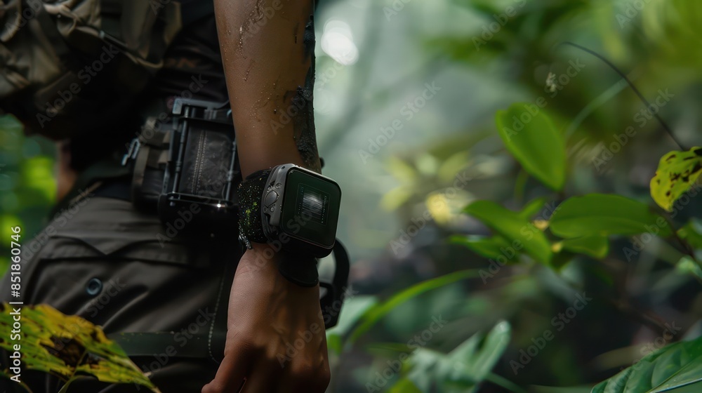 Fototapeta premium A closeup of a hightech, slim wearable device for rangers, showing realtime updates on forest conditions and animal movements