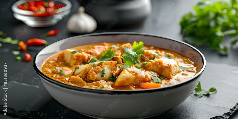 Authentic 3D visualization of classic Indian fish curry with bell peppers. Concept Food Rendering, Indian Cuisine, 3D Illustration, Culinary Art, Vibrant Colors Authentic 3D visualization of classic Indian fish curry with bell peppers. Concept Food Rendering, Indian Cuisine, 3D Illustration, Culinary Art, Vibrant Colors