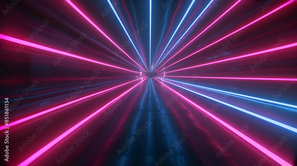 Abstract black background with pink and blue neon glowing lines that extend into the distance, moving through a tunnel to the right. 3d render motion speed of light and hypertunnel. Moving away
Abstract black background with pink and blue neon glowing lines that extend into the distance, moving through a tunnel to the right. 3d render motion speed of light and hypertunnel. Moving away