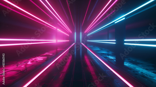 Abstract black background with pink and blue neon glowing lines that extend into the distance, moving through a tunnel to the right. 3d render motion speed of light and hypertunnel. Moving away 