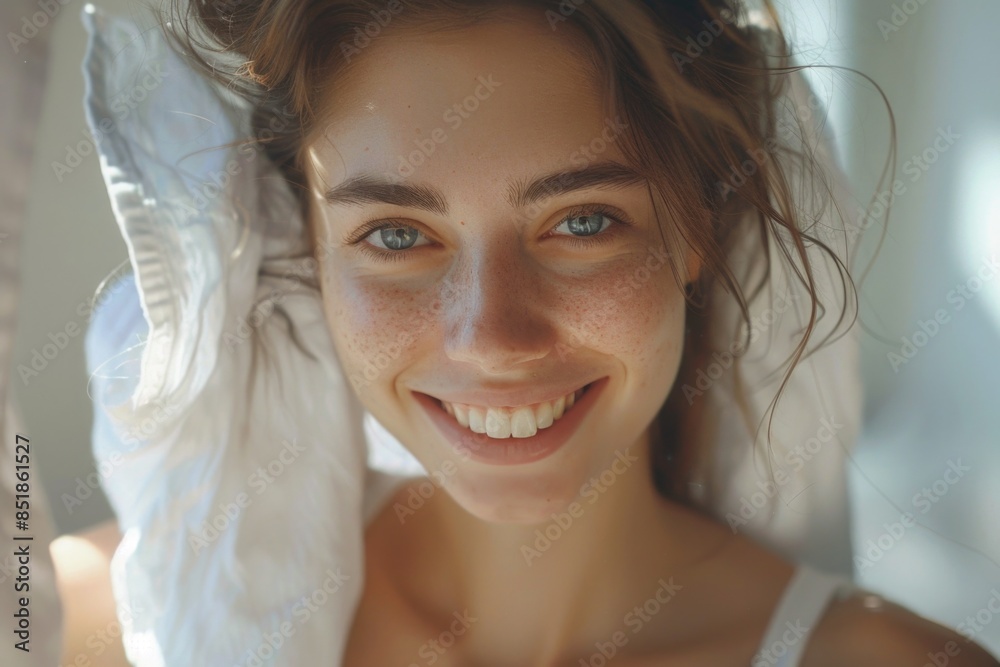 Portrait of a person with freckles wearing a towel, useful for personal care or beauty products Portrait of a person with freckles wearing a towel, useful for personal care or beauty products